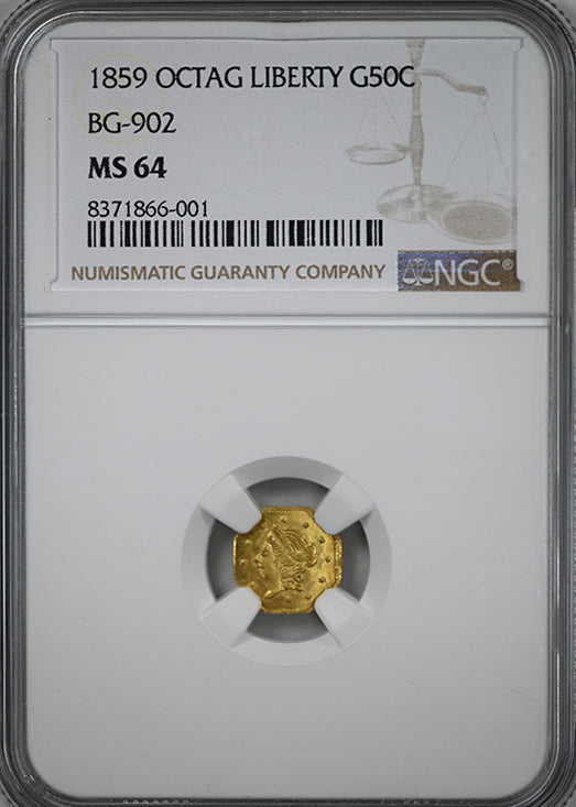 1859 Octagonal California Fractional Gold Liberty Head 1/2 Dollar G50C NGC MS64 BG-902