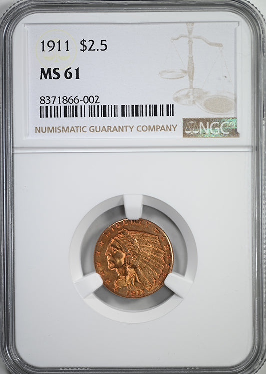 1911 Indian Head Gold Quarter Eagle $2.50 NGC MS61 - TONED!