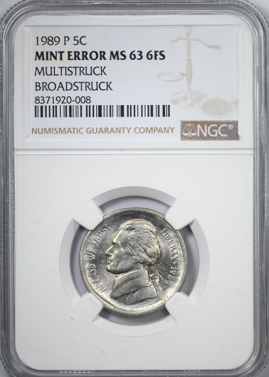 1989-P Jefferson Nickel 5C NGC Mint Error MS63 6FS Full Steps Multistruck Broadstruck