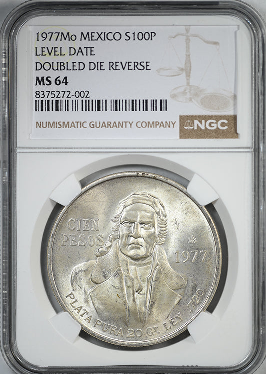 1977 Mo Mexico Silver 100 Pesos S100P Level Date NGC MS64 - Doubled Die Reverse DDR