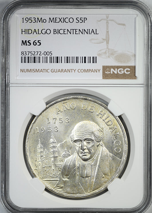 1953 Mo Mexico Silver 5 Pesos S5P Hidalgo Bicentennial NGC MS65