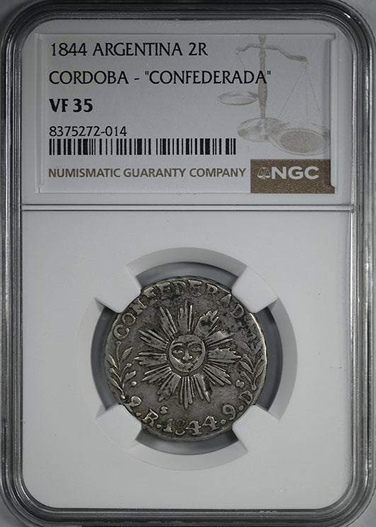 1844 Argentina 2R Reales Sun Face NGC VF35 - Cordoba "Confederada"