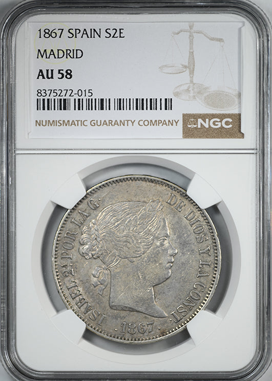 1867 Spain Madrid S2E Escudos NGC AU58