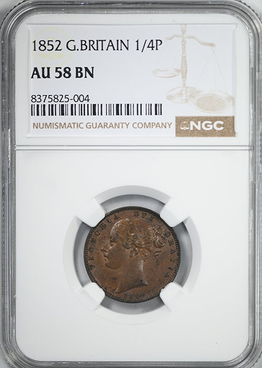 1852 Great Britain 1/4P Farthing NGC AU58BN
