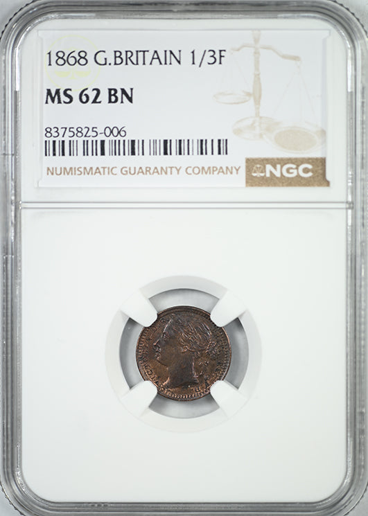 1868 Great Britain 1/3F Farthing NGC MS62BN