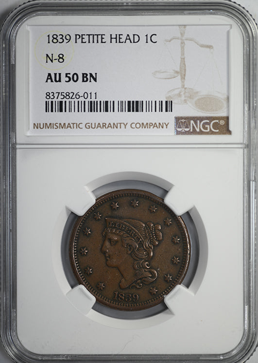 1839 Petite Head Braided Hair Liberty Head Large Cent 1C NGC AU50BN - Head Type of 1840 N-8