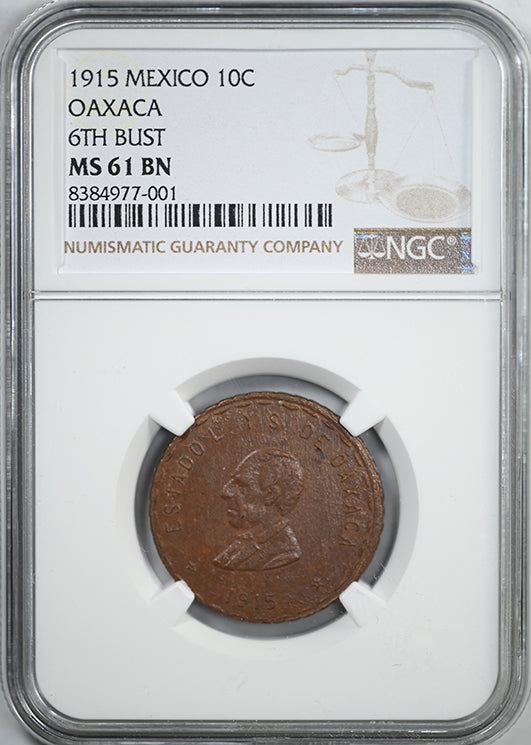 1915 Mexico 10C Centavos NGC MS61BN - Oaxaca 6th Bust