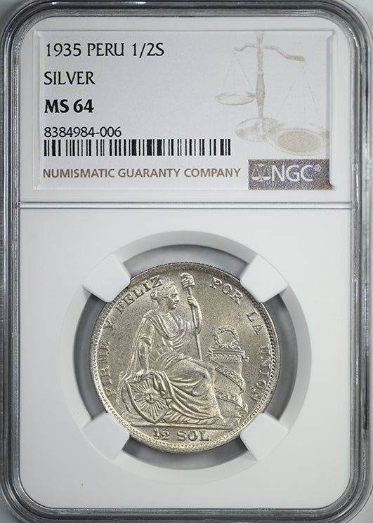 1935 Peru Silver 1/2S Sol NGC MS64