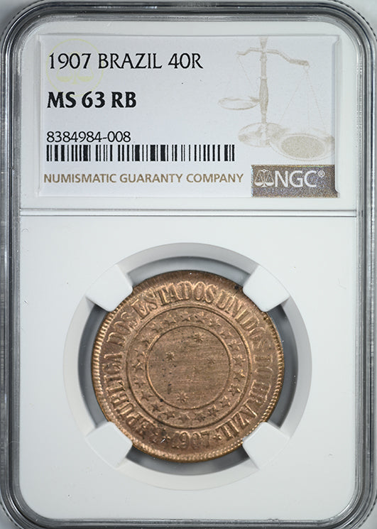 1907 Brazil 40R Reis NGC MS63RB