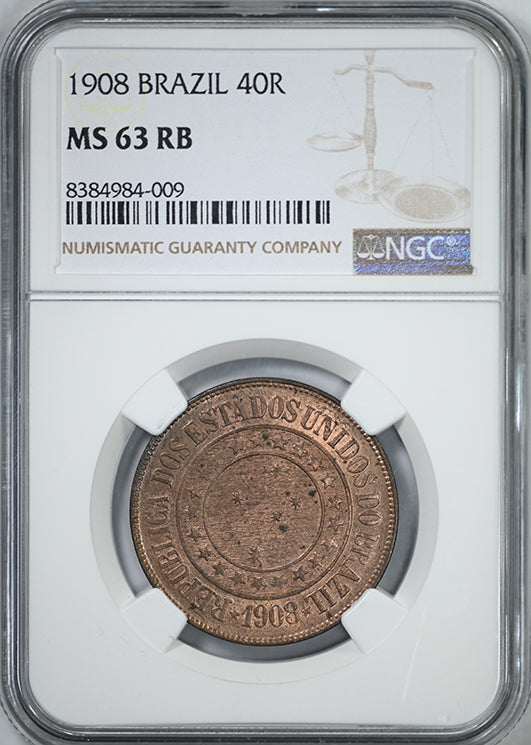 1908 Brazil 40R Reis NGC MS63RB