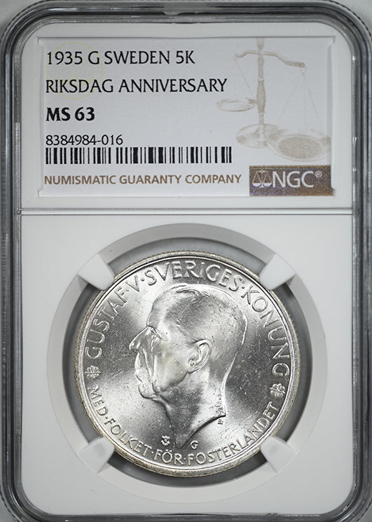 1935 G Sweden 5K Kronor NGC MS63 - Riksdag Anniversary