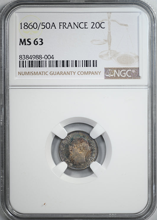 1860/50A France 20C Centimes NGC MS63 - TONED!