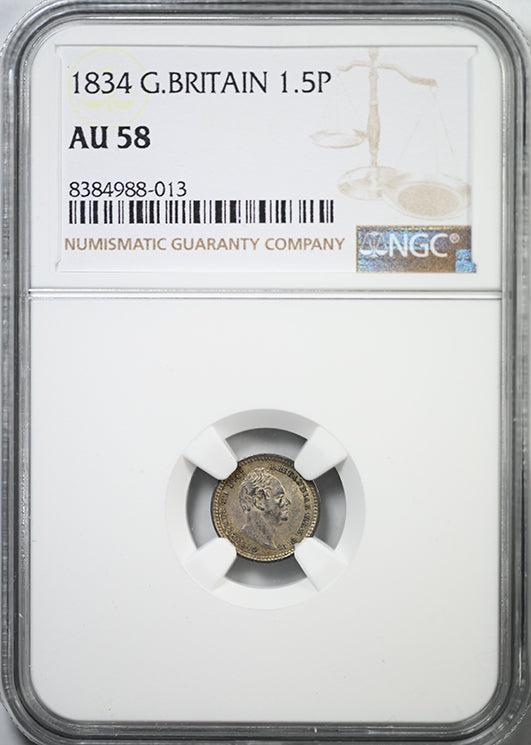 1834 Great Britain 1.5P Pence NGC AU58