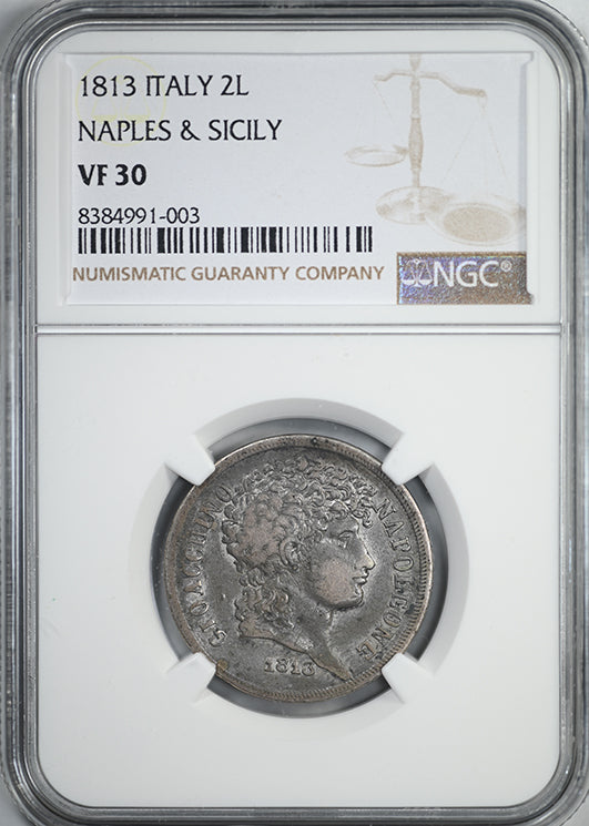 1813 Italy 2L Lire Naples &amp; Sicily NGC VF30