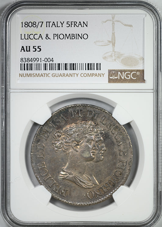 1808/7 Italy 5 Franchi Lucca &amp; Piombino NGC AU55