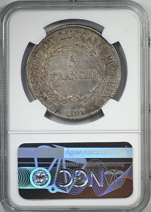 1808/7 Italy 5 Franchi Lucca &amp; Piombino NGC AU55