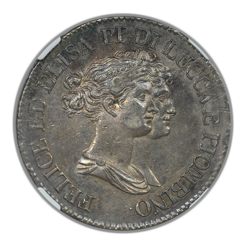 1808/7 Italy 5 Franchi Lucca & Piombino NGC AU55