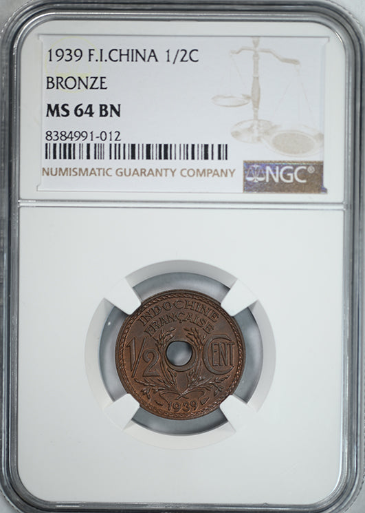 1939 Bronze F.I. China French Indo-China 1/2C Half Cent NGC MS64BN