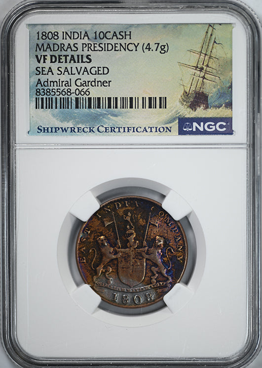 1808 India 10 Cash Madras Presidency Admiral Gardner NGC VF Details Shipwreck - REVERSE TONED!