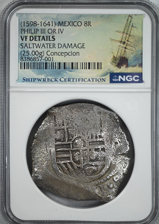 (1598-1641) Mexico 8R Reales Shipwreck Cob NGC VF Details - Philip III OR IV