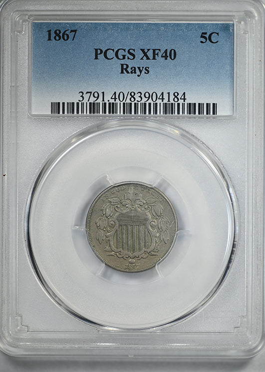 1867 Shield Nickel 5C PCGS XF40 - Rays