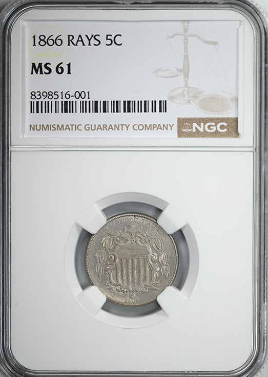1866 Shield Nickel 5C NGC MS61 - Rays