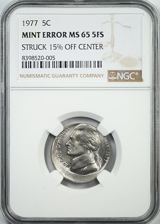 1977 Jefferson Nickel 5C NGC Mint Error MS65 5FS Full Steps Struck 15% Off Center