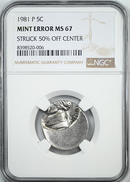 1981-P Jefferson Nickel 5C NGC Mint Error MS67 Struck 50% Off Center