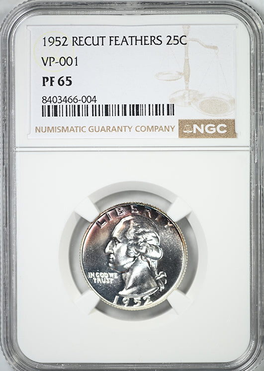 1952 Proof Washington Quarter 25C NGC PF65 Superbird Recut Feathers VP-001 Hand Engraved Tail Feathers