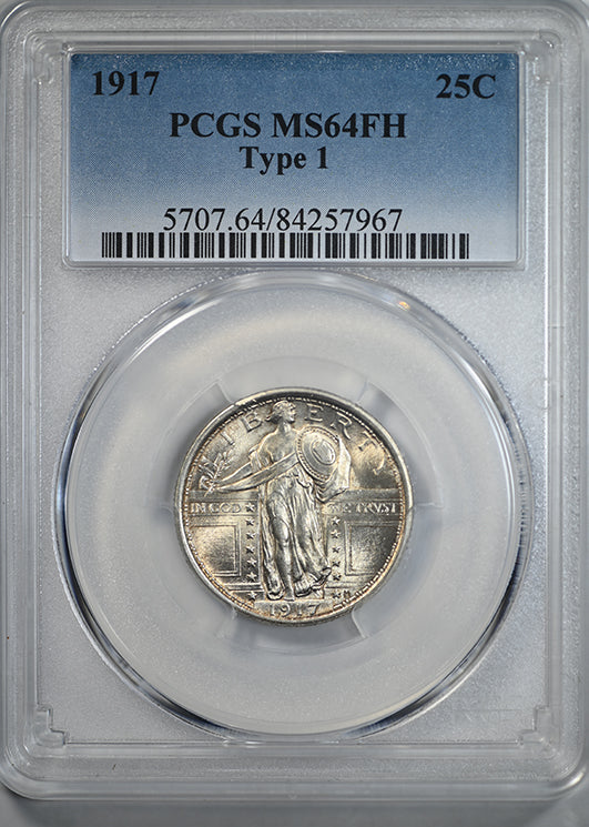 1917 Type 1 Standing Liberty Quarter 25C PCGS MS64FH - Full Head Obverse Slab