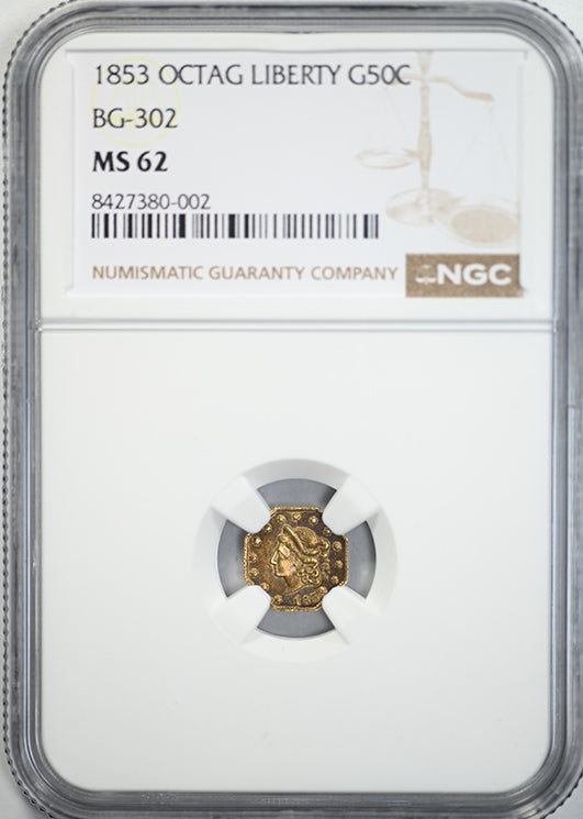 1853 Octagonal California Fractional Gold Liberty Head 1/2 Dollar G50C NGC MS62 BG-302 Peacock - TONED!