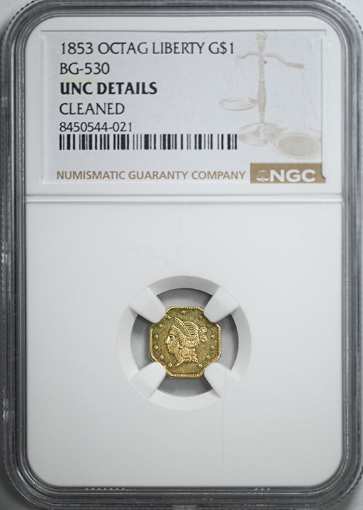 1853 Octagonal California Fractional Gold Liberty Head Dollar G$1 NGC Uncirculated Details BG-530