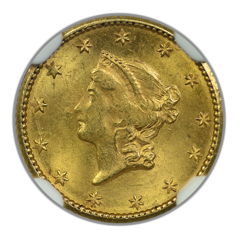 1849 No L Type 1 Liberty Head Gold Dollar G$1 NGC Mint Error MS63 - Obverse Struck Thru