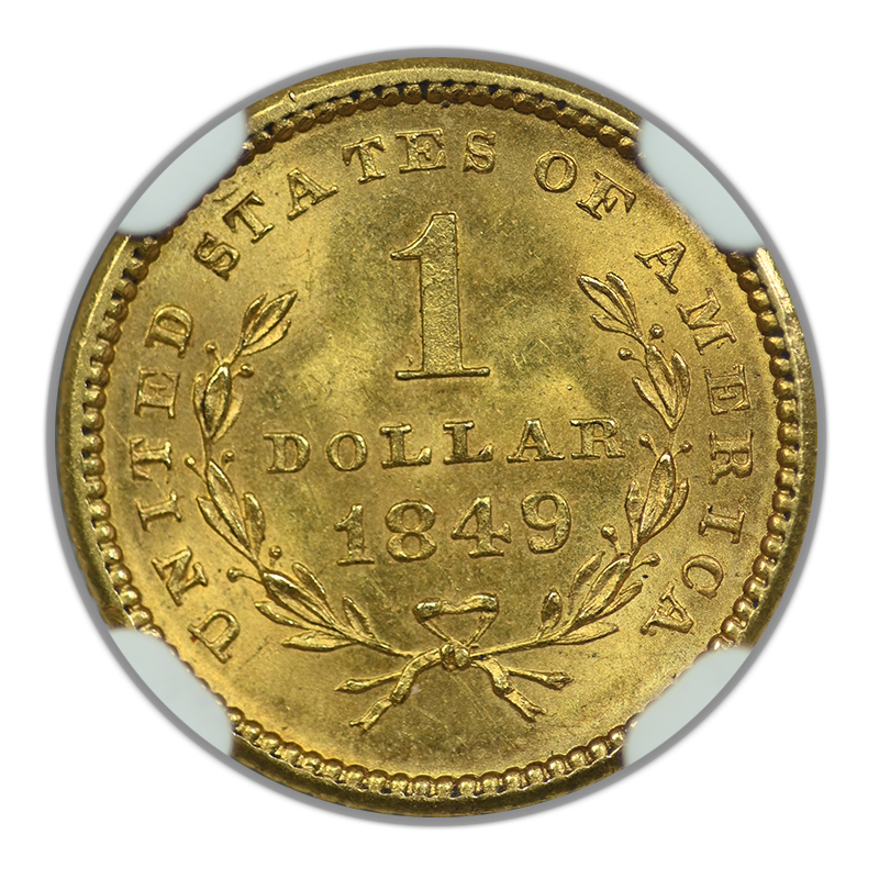 1849 No L Type 1 Liberty Head Gold Dollar G$1 NGC Mint Error MS63 - Obverse Struck Thru