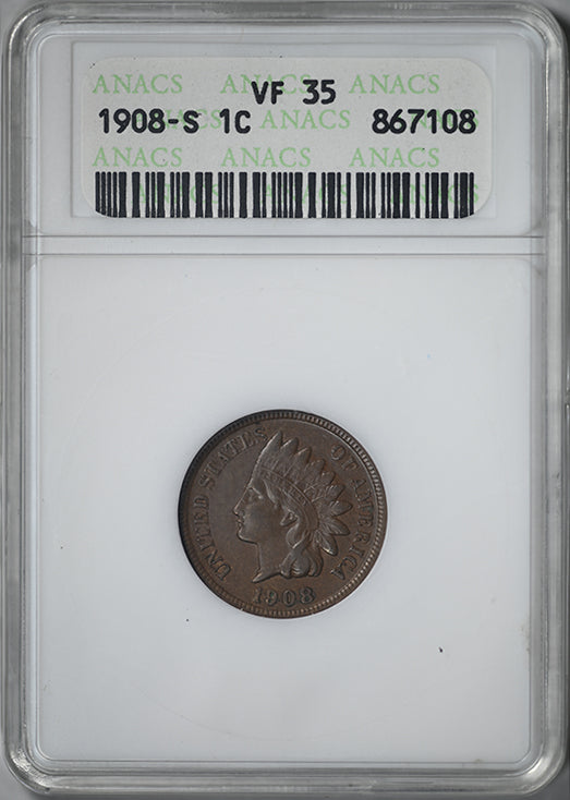 1908-S Indian Head Cent 1C ANACS Soapbox VF35