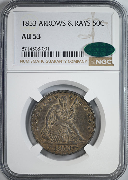 1853 Liberty Seated Half Dollar 50C NGC AU53 CAC - Arrows & Rays