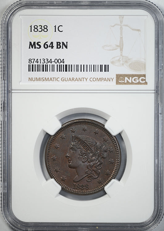 1838 Coronet Head Large Cent 1C NGC MS64BN