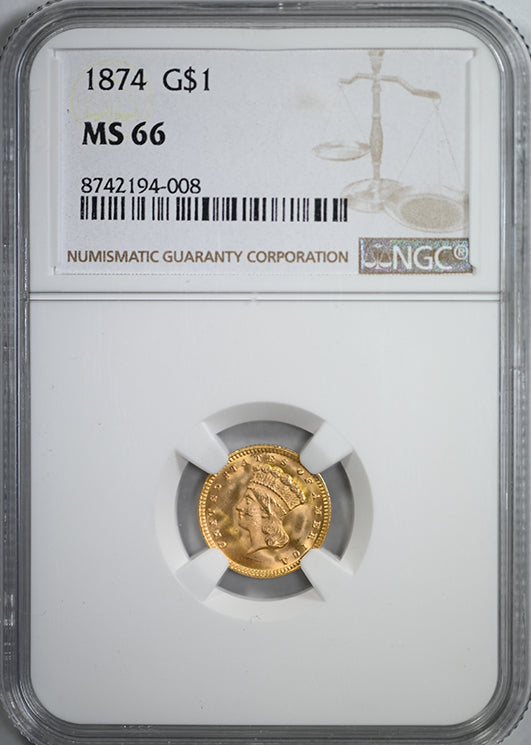 1874 Type 3 Indian Princess Head Gold Dollar G$1 NGC MS66