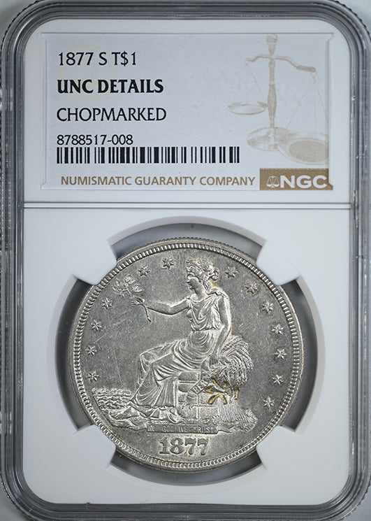 1877-S Trade Dollar T$1 NGC UNC Details - Chopmarked