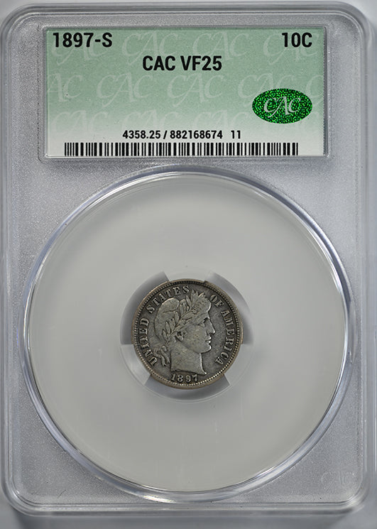 1897-S Barber Dime 10C CAC VF25 Obverse Slab