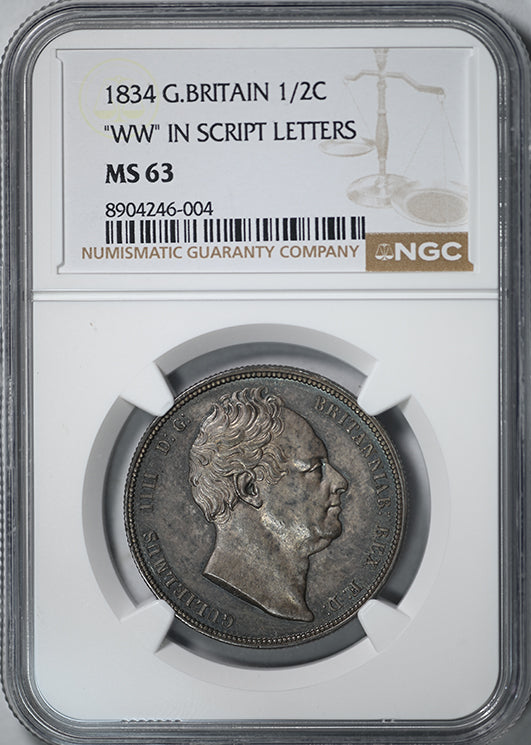1834 Great Britain 1/2C Half Crown NGC MS63 - "WW" in Script Letters - TONED!