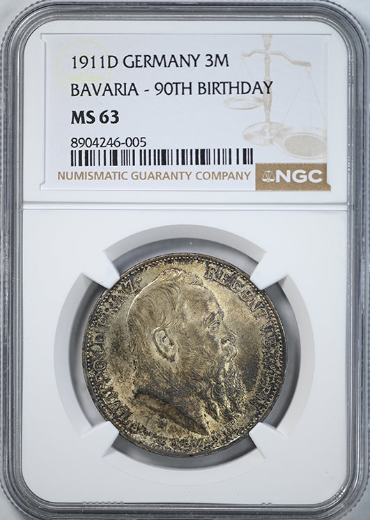 1911 D Germany 3M Mark Bavaria NGC MS63 - 90th Birthday