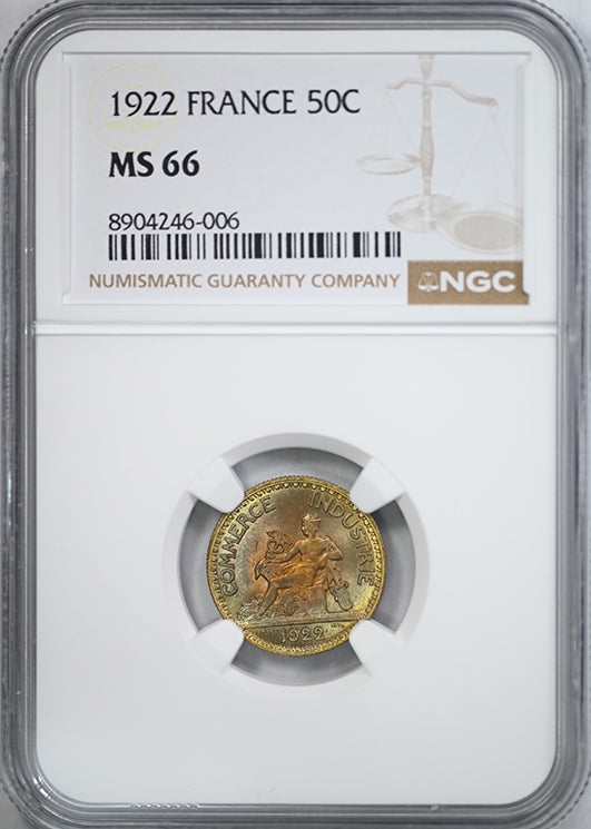1922 France 50C Centimes NGC MS66 - TONED!