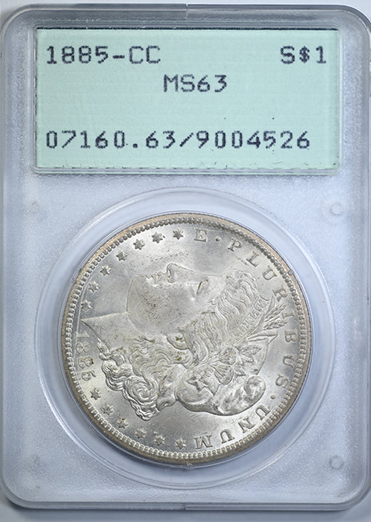 1885-CC Morgan Dollar $1 PCGS Rattler MS63 Obverse Slab