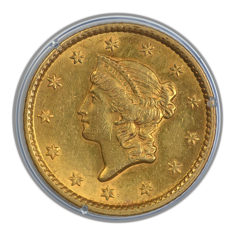 1851 Type 1 Liberty Head Gold Dollar G$1 PCGS Rattler AU50 Obverse