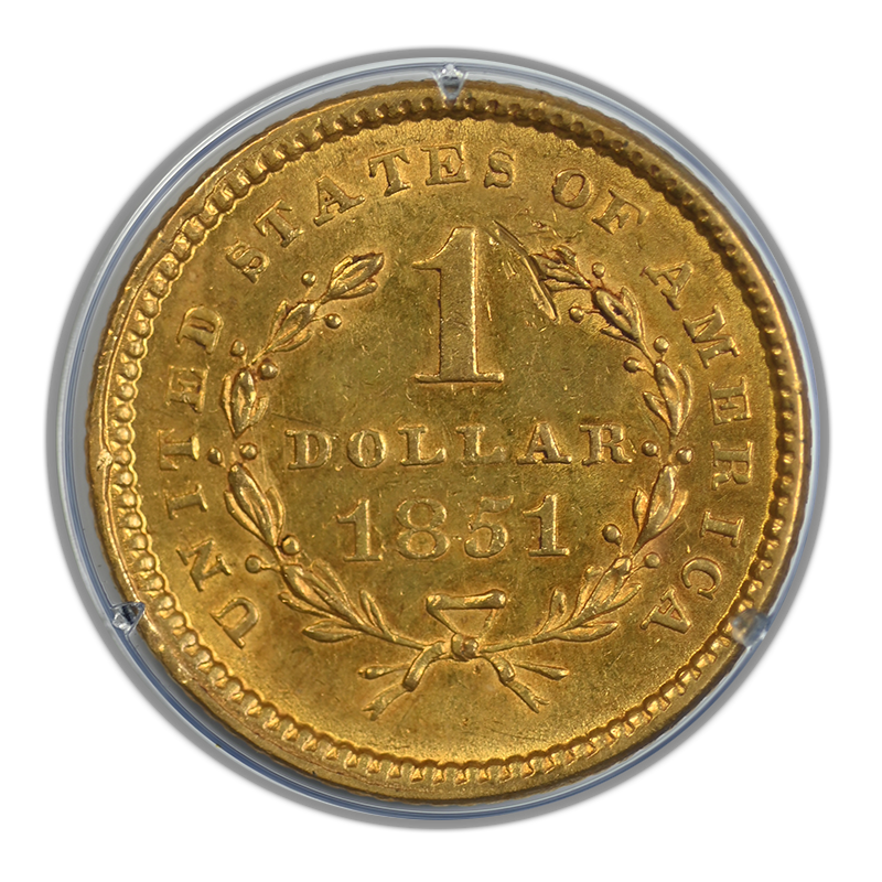 1851 Type 1 Liberty Head Gold Dollar G$1 PCGS Rattler AU50 Reverse