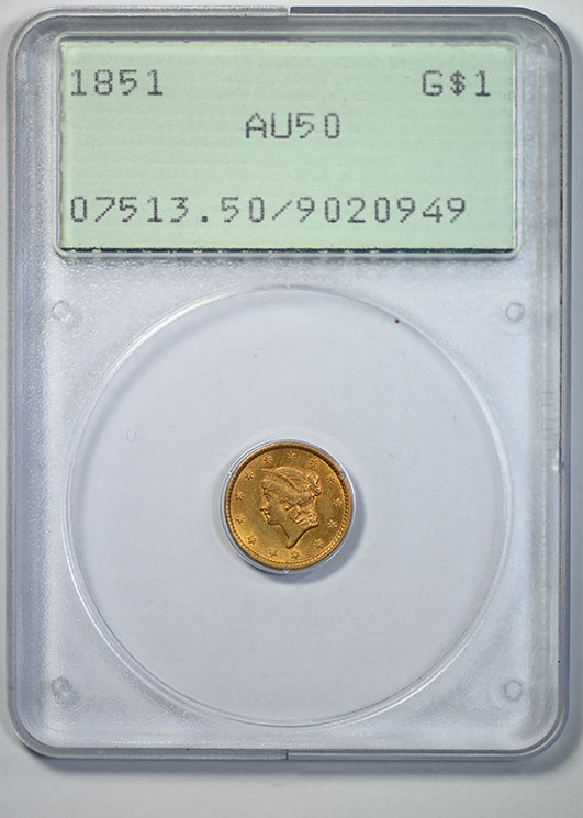 1851 Type 1 Liberty Head Gold Dollar G$1 PCGS Rattler AU50 Obverse Slab