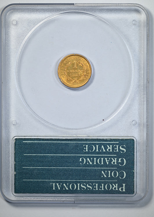 1851 Type 1 Liberty Head Gold Dollar G$1 PCGS Rattler AU50 Reverse Slab