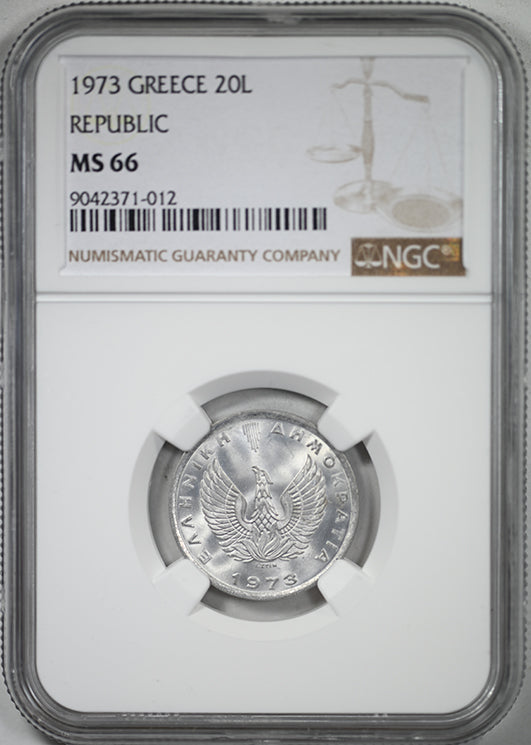 1973 Greece Republic 20L Lepta NGC MS66