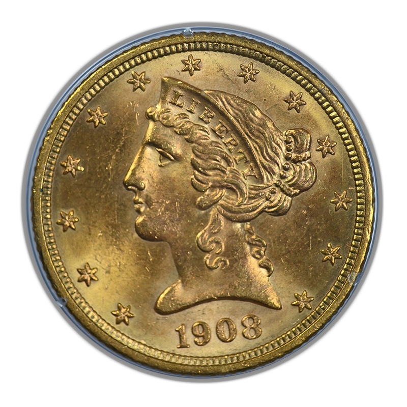 1908 Liberty Head Gold Half Eagle $5 PCGS Rattler MS62 Gold CAC Obverse